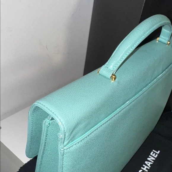 CHANEL Turquoise Seafoam green caviar leather classic briefcase Kelly top handle - Picture 10 of 16